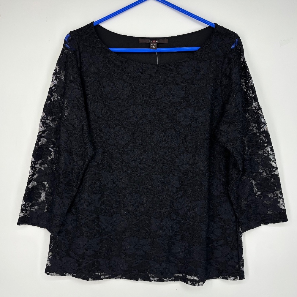 Fever Womens XL Pullover Lace Lined Knit Top Black Floral 3/4 Sheer Sleeves